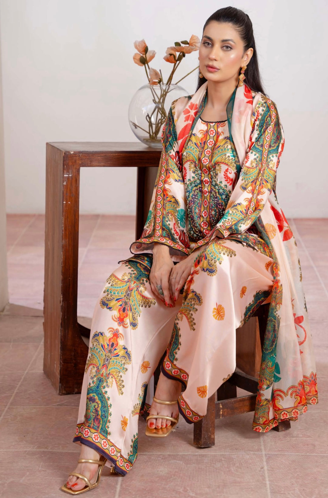 TSH02- EMBELLISHED SILK PRINT 3 PIECE SUIT