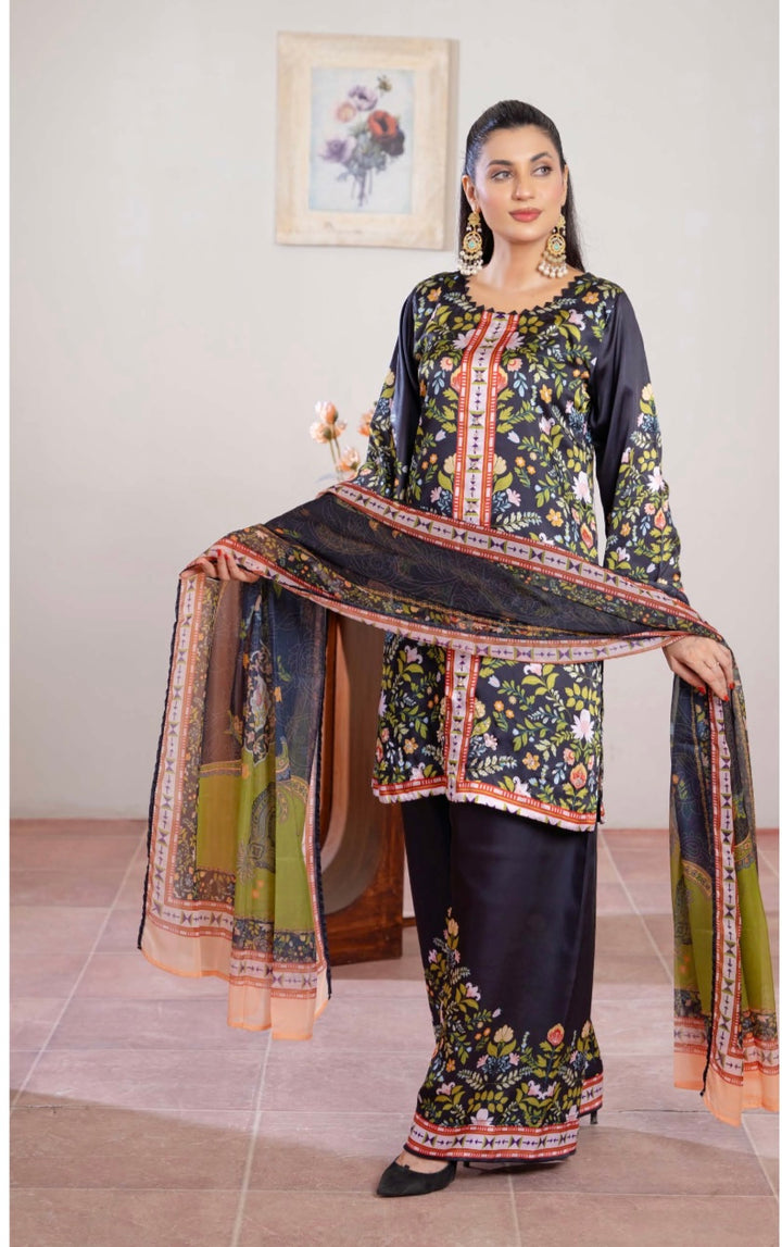 TSH09- EMBELLISHED SILK PRINT 3 PIECE SUIT