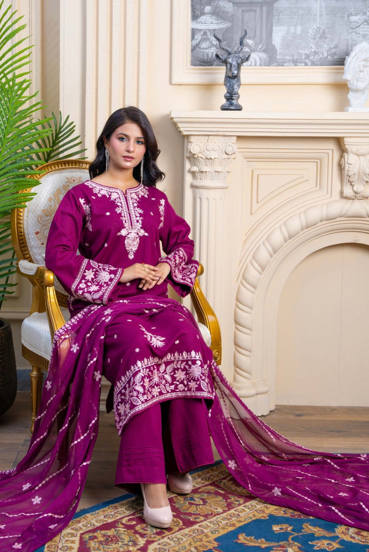 Zk01 - Calico Embroidered Karandi 3 Piece suit