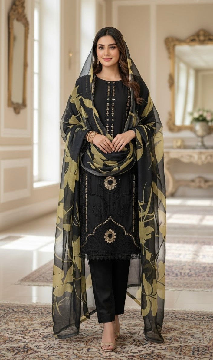 BLACK EMBROIDERED LINEN 3 PIECE SUIT 086B