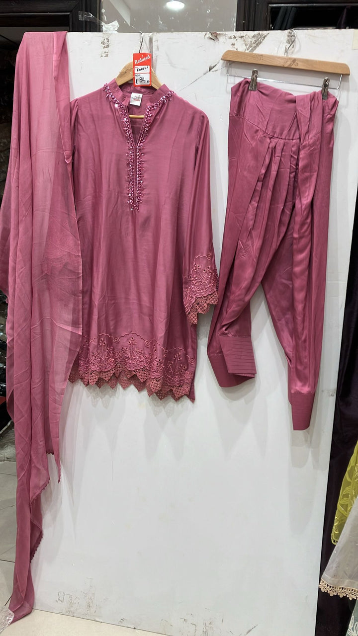 1116P - Pink Viscose Silk Shirt with Farshi Shalwar & Chiffon Dupatta