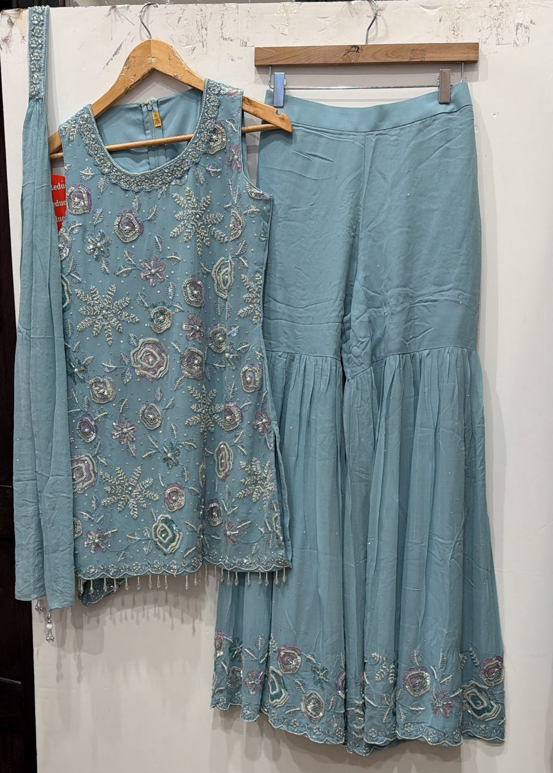 3115D Girls’ Dusty Blue Hand Embroidered Georgette Sharara dress with choker Dupatta