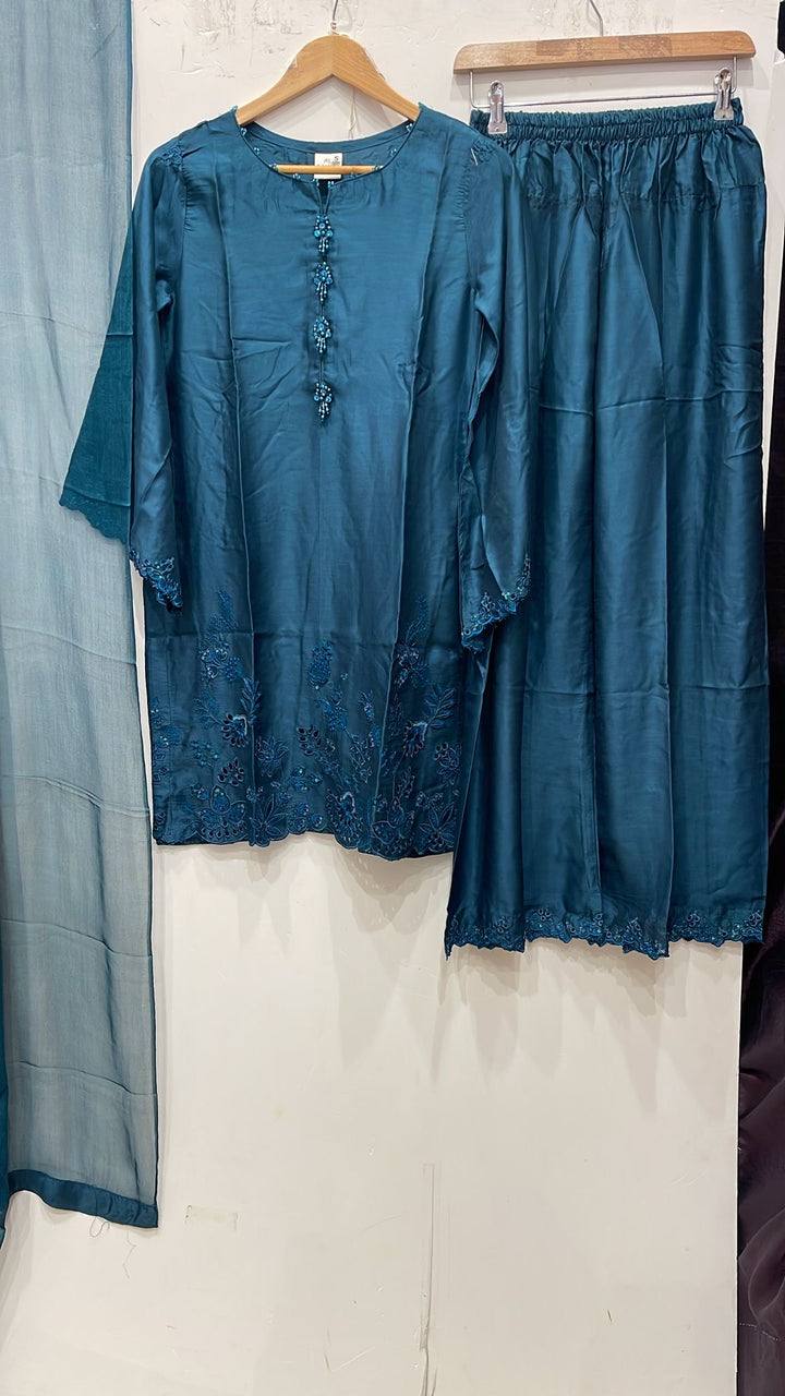 1181A - Teal Embroidered Viscose Linen 3 Piece suit