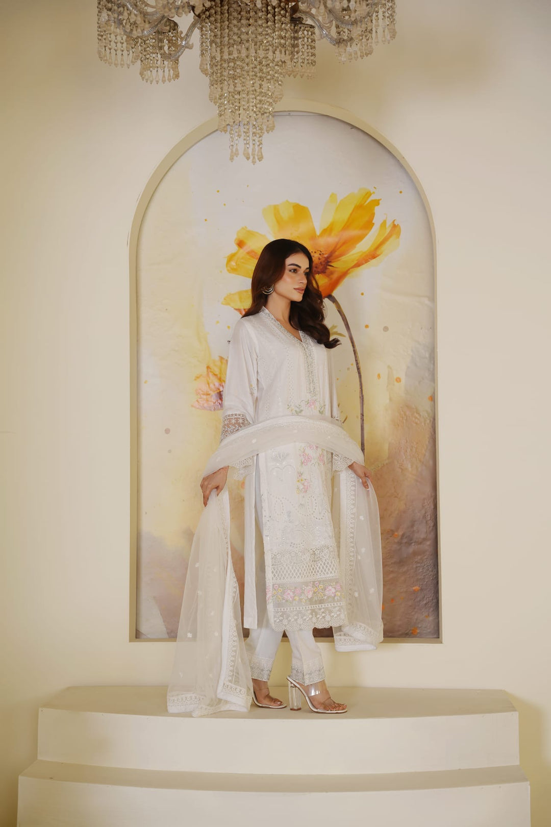 1165C - White Embroidered Linen Chikankari 3 Piece suit