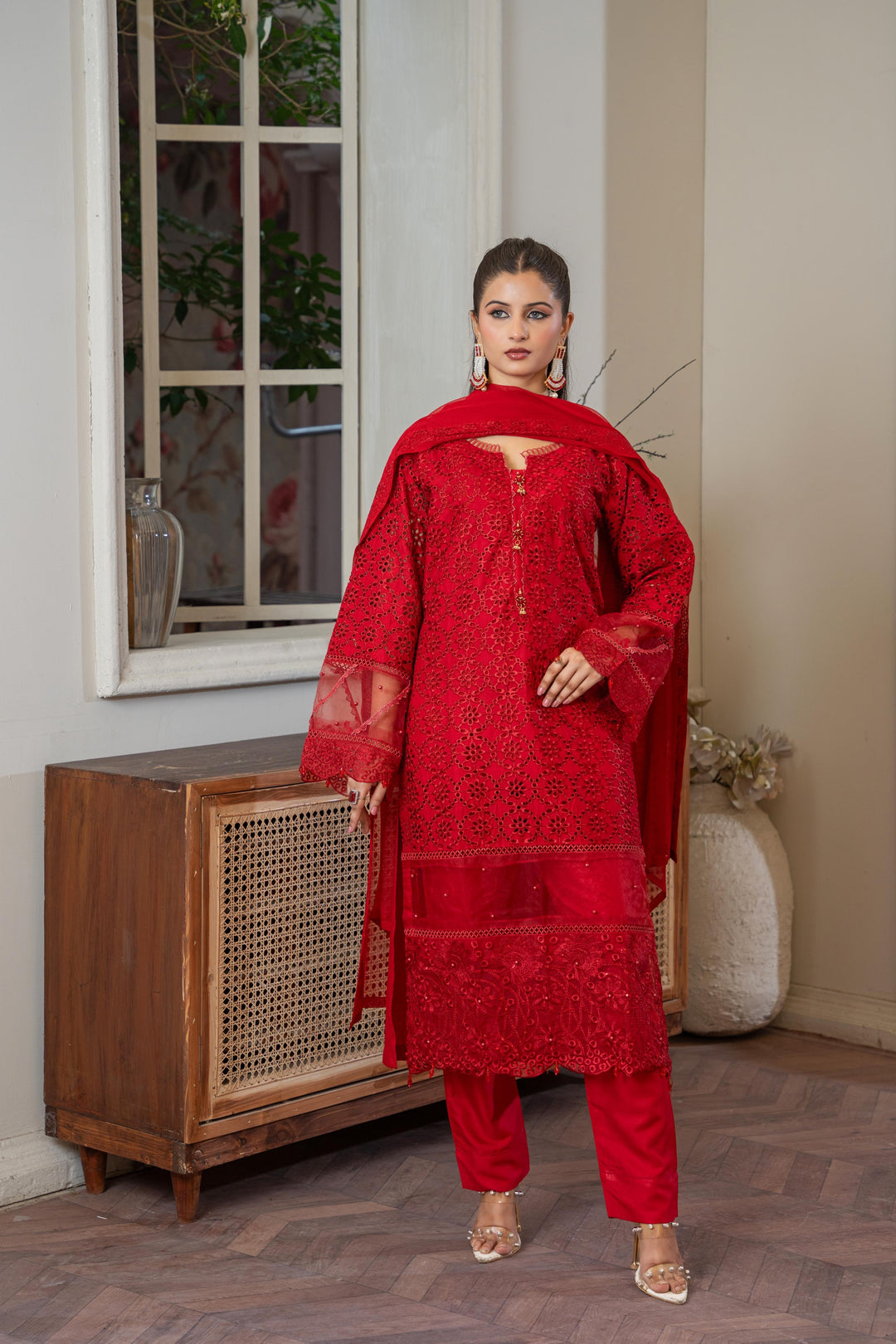 1143B - Red Embroidered Linen 3 Piece suit
