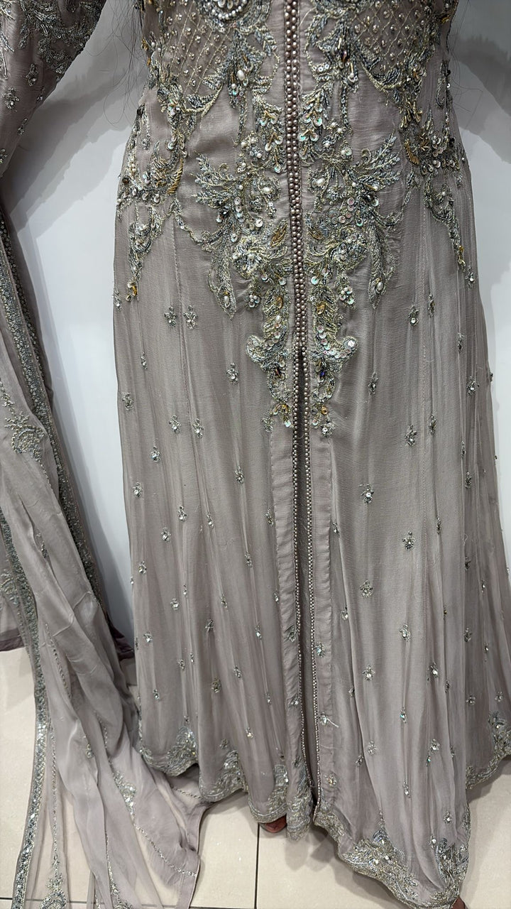 GREY EMBROIDERED CHIFFON 3 PIECE SUIT 424C