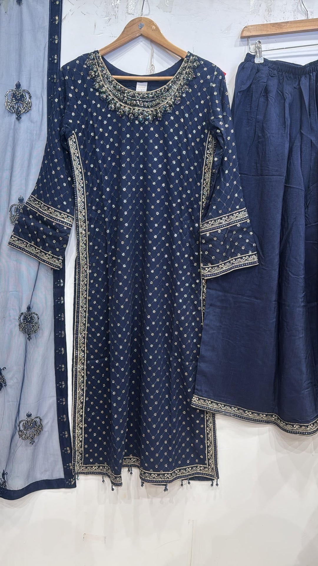 345B- Blue Embroidered Chiffon 3 Piece Suit