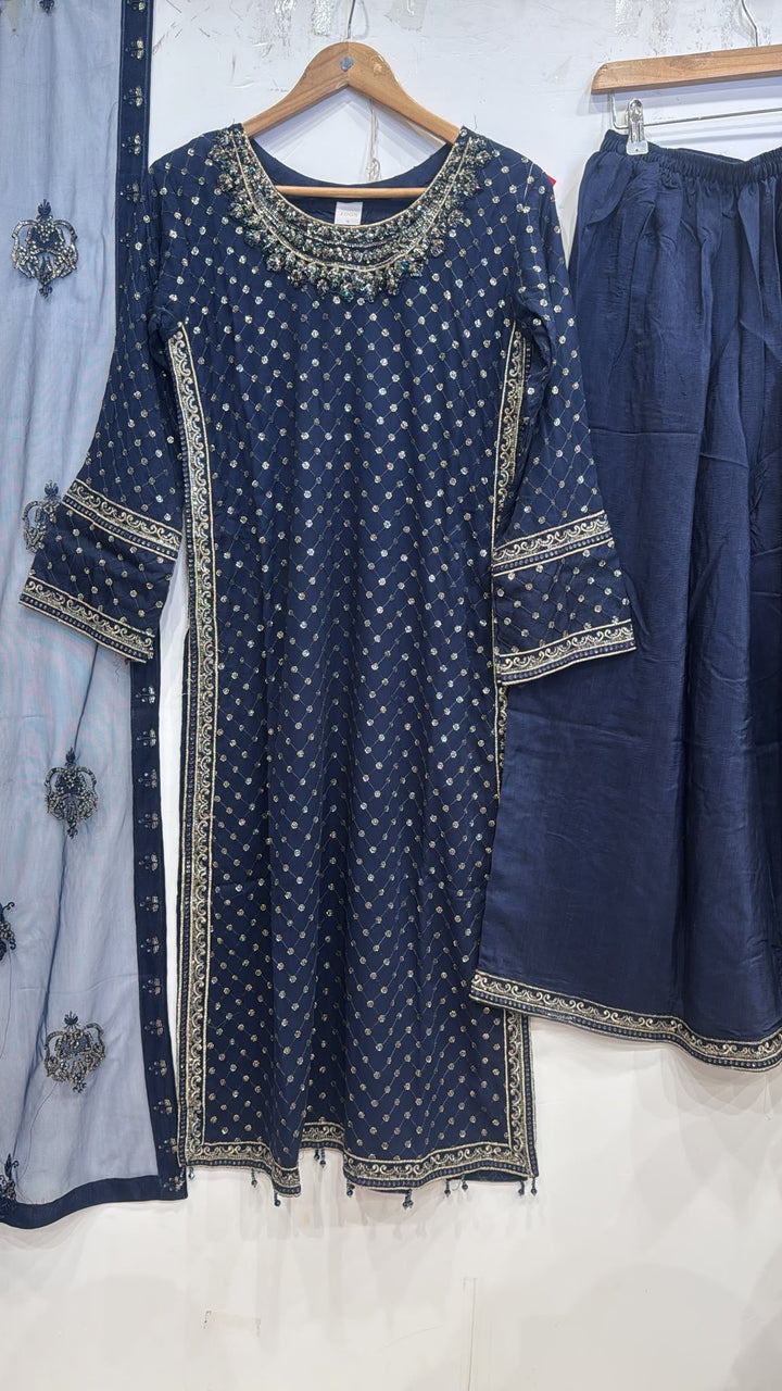 345B- Blue Embroidered Chiffon 3 Piece Suit