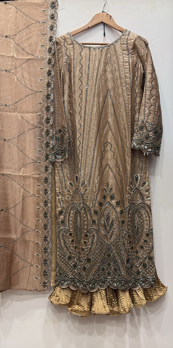 390M- BEIGE GOLD EMBROIDERED & EMBELLISHED SILK SUIT
