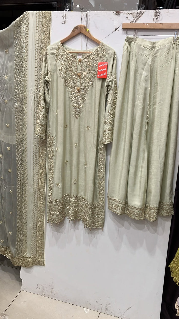 319B - pastel Pistachio Embroidered Silk 3 Piece Pakistani Suit
