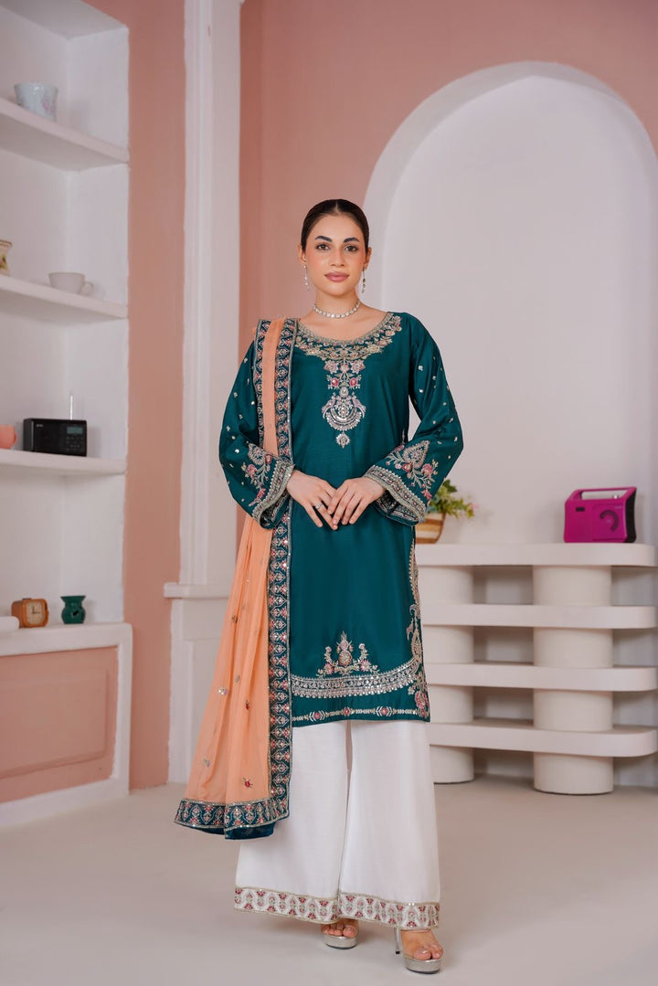 368C - GREEN VISCOSE EMBROIDERED PAKISTANI SUIT WITH CHIFFON DUPATTA