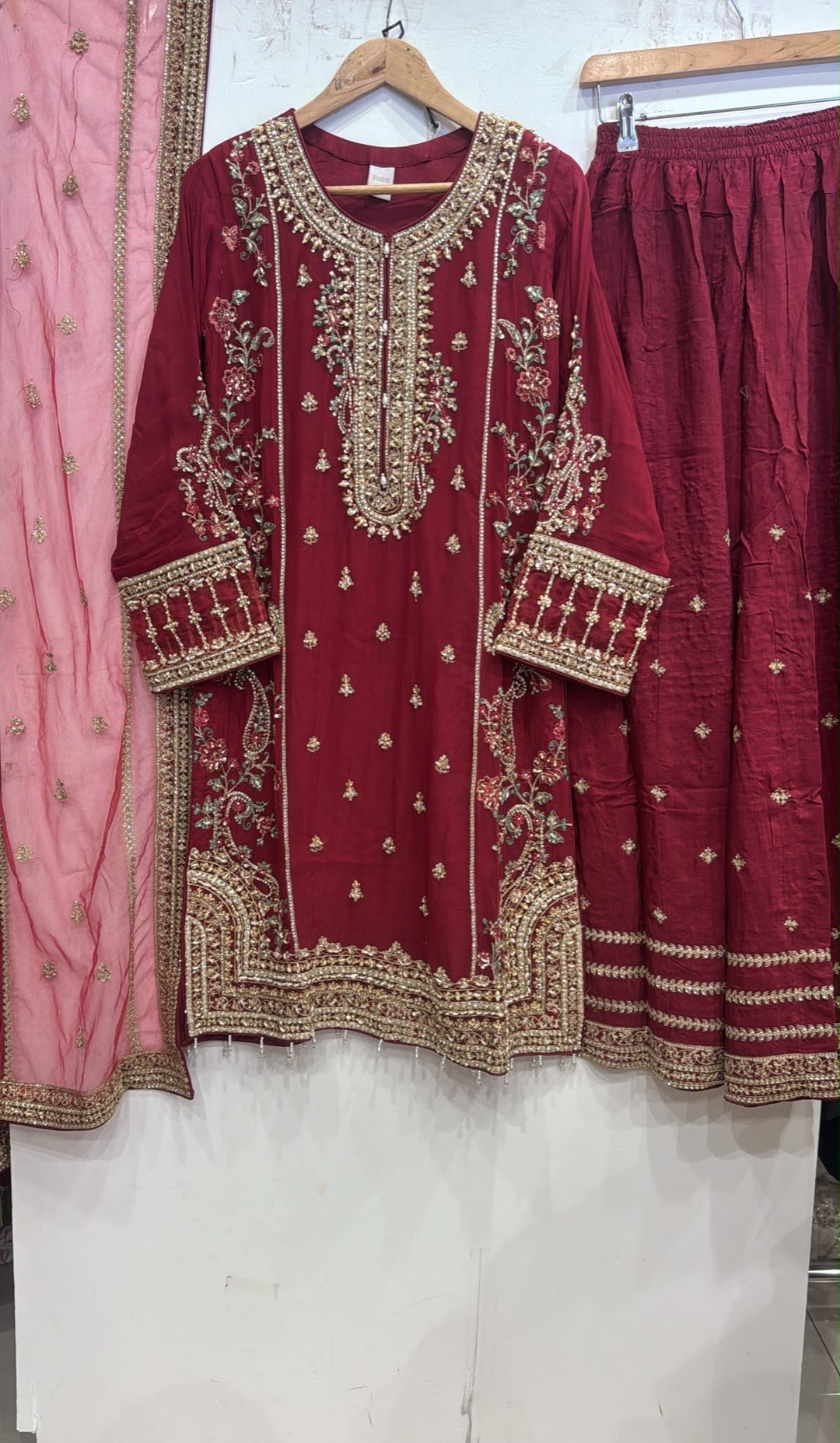 344B- Red Embroidered Chiffon 3 Piece Suit