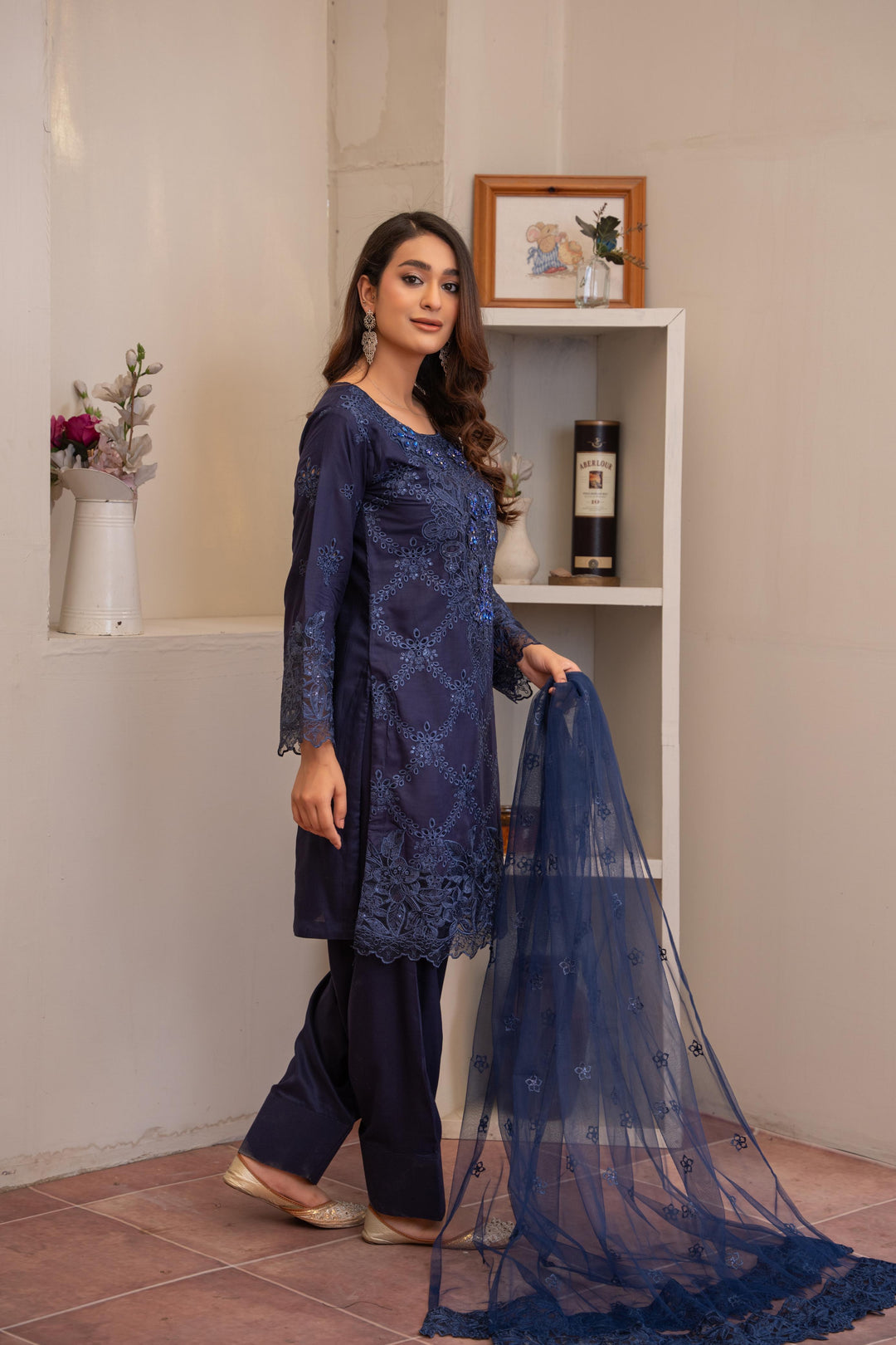 74L - Maria b inspired Blue Farshi Shalwar Embroidered Linen suit