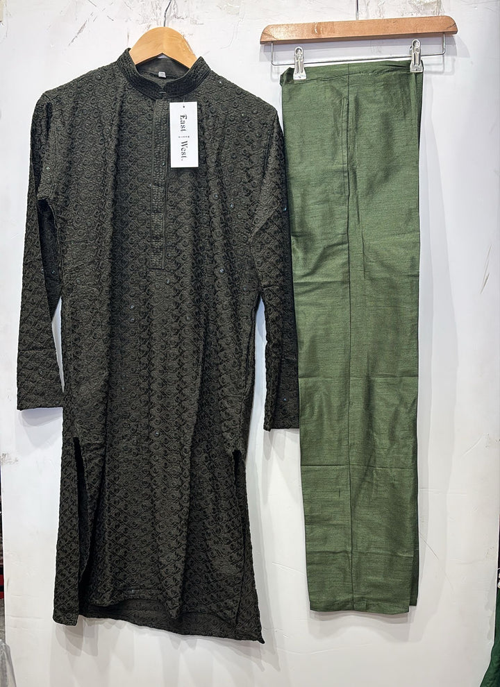 CK710 - Dark Green Cotton Chikankari Set for Boys and MEN