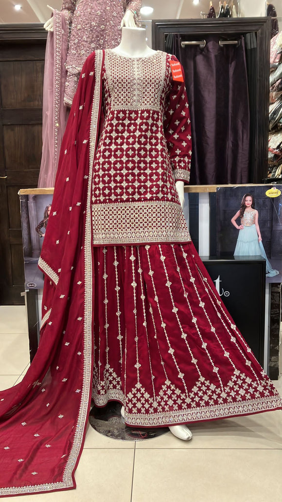 Red Heavy Embroidered silk Sharara suit 3 piece 154A
