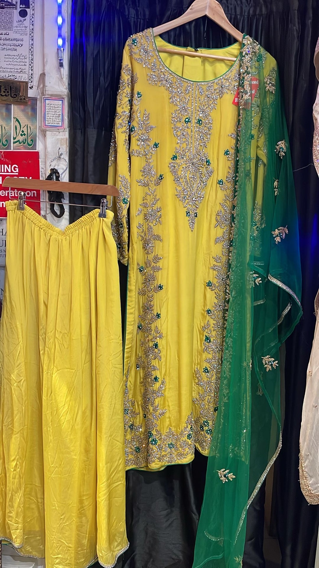0159B- Embroidered Silk Long Shirt with Farshi Palazzo & Net Dupatta