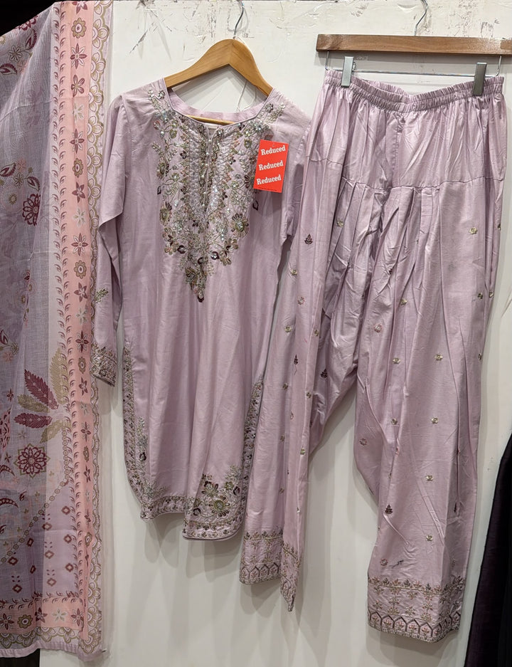 1129D - Lilac Viscose Shirt with Farshi Shalwar & Chiffon - East meets west clothing 