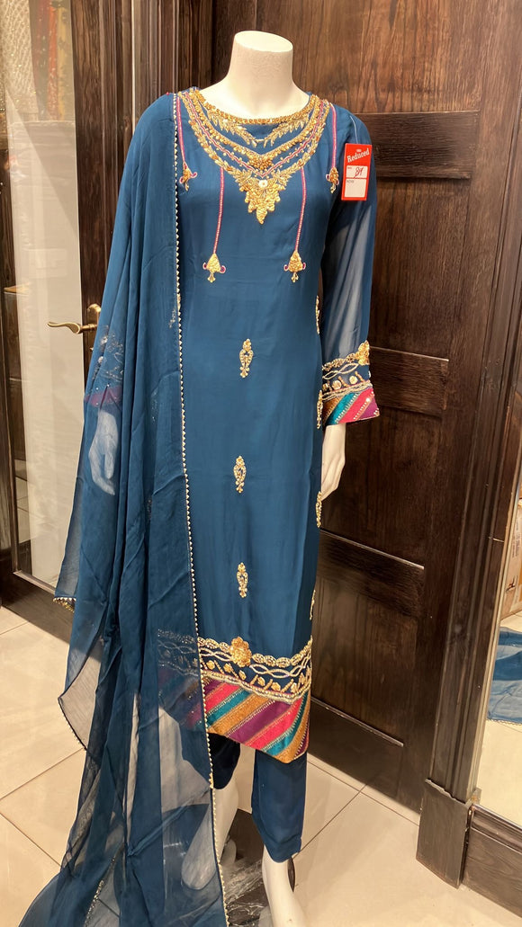 TEAL EMBROIDERED CHIFFON 3 PIECE SUIT 236A