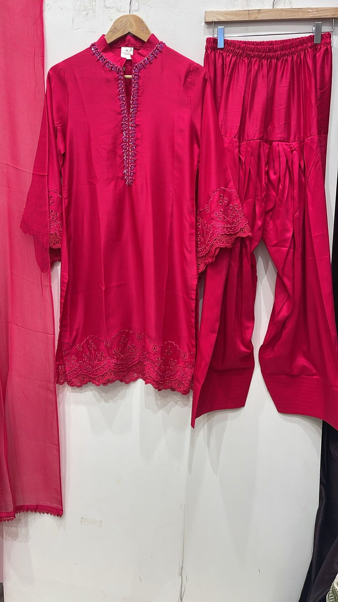 NF03 - Dark Pink Farshi Shalwar Embroidered linen suit