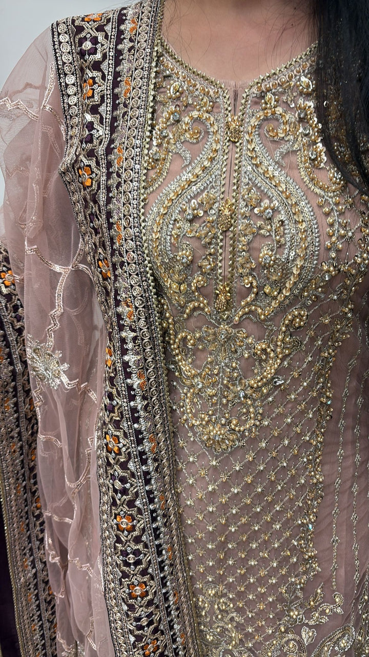 330B - DARK PINK NET EMBROIDERED SUIT