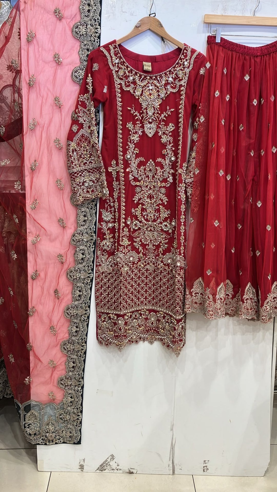 357B- Red Embroidered Net Sharara 3 Piece Suit