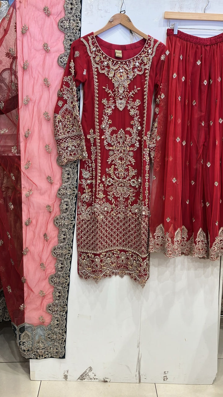 357B- Red Embroidered Net Sharara 3 Piece Suit