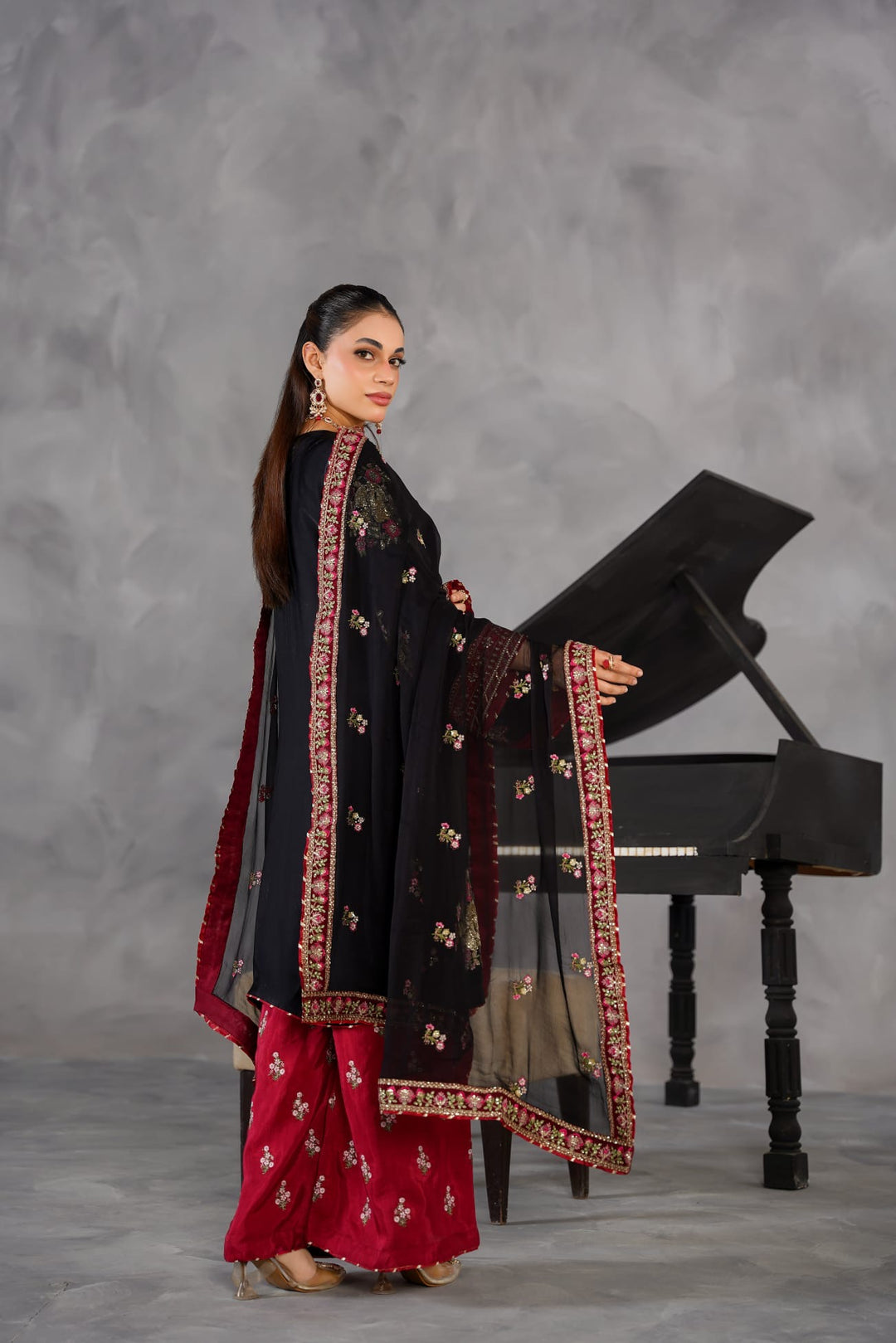 335C- Black/Red Embroidered Shamoz Silk 3 Piece Suit