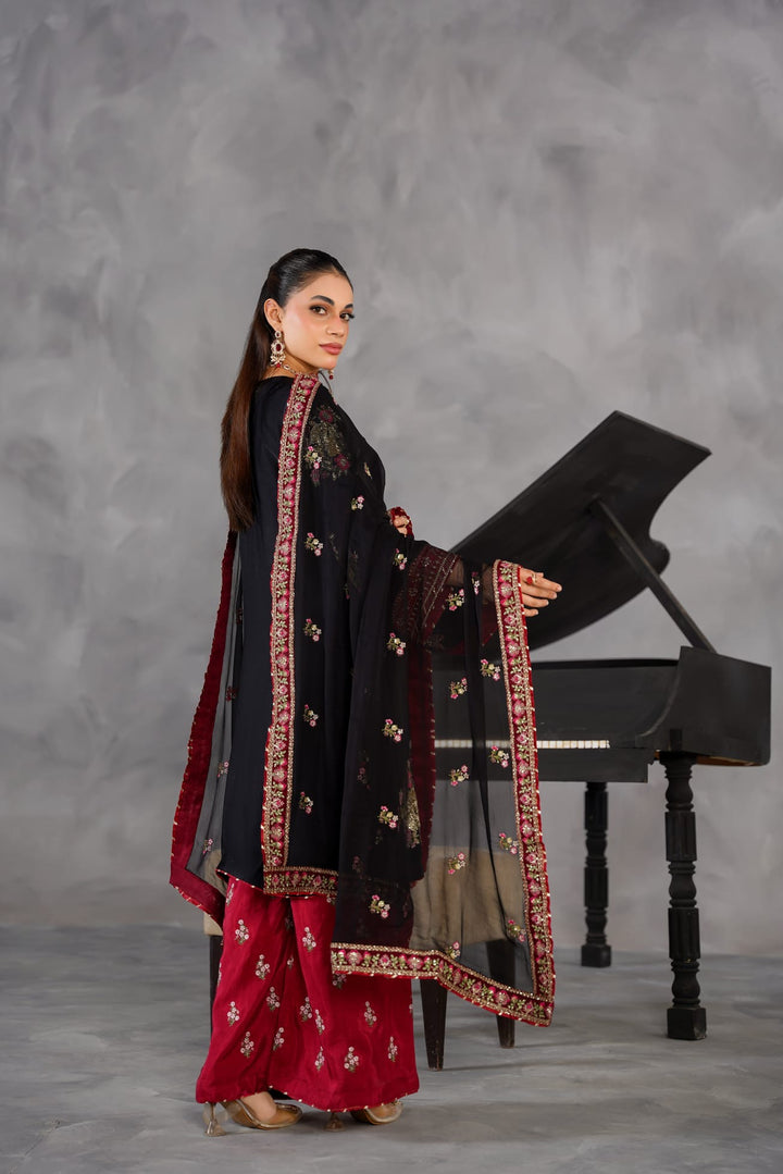 335C- Black/Red Embroidered Shamoz Silk 3 Piece Suit