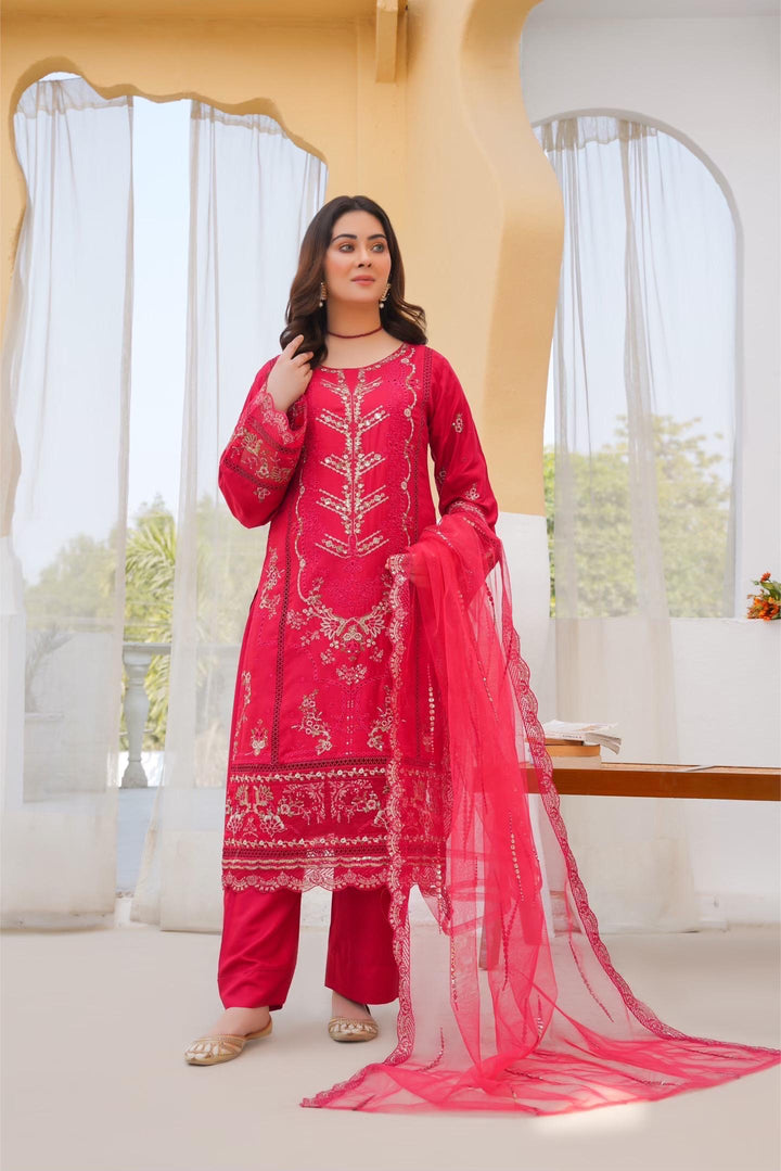 77B - Maria b inspired Red Embroidered Cotton 3 piece suit