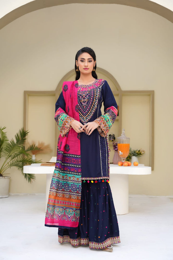 1169A - Blue Embroidered Linen Cotton 3 Piece Gharara suit