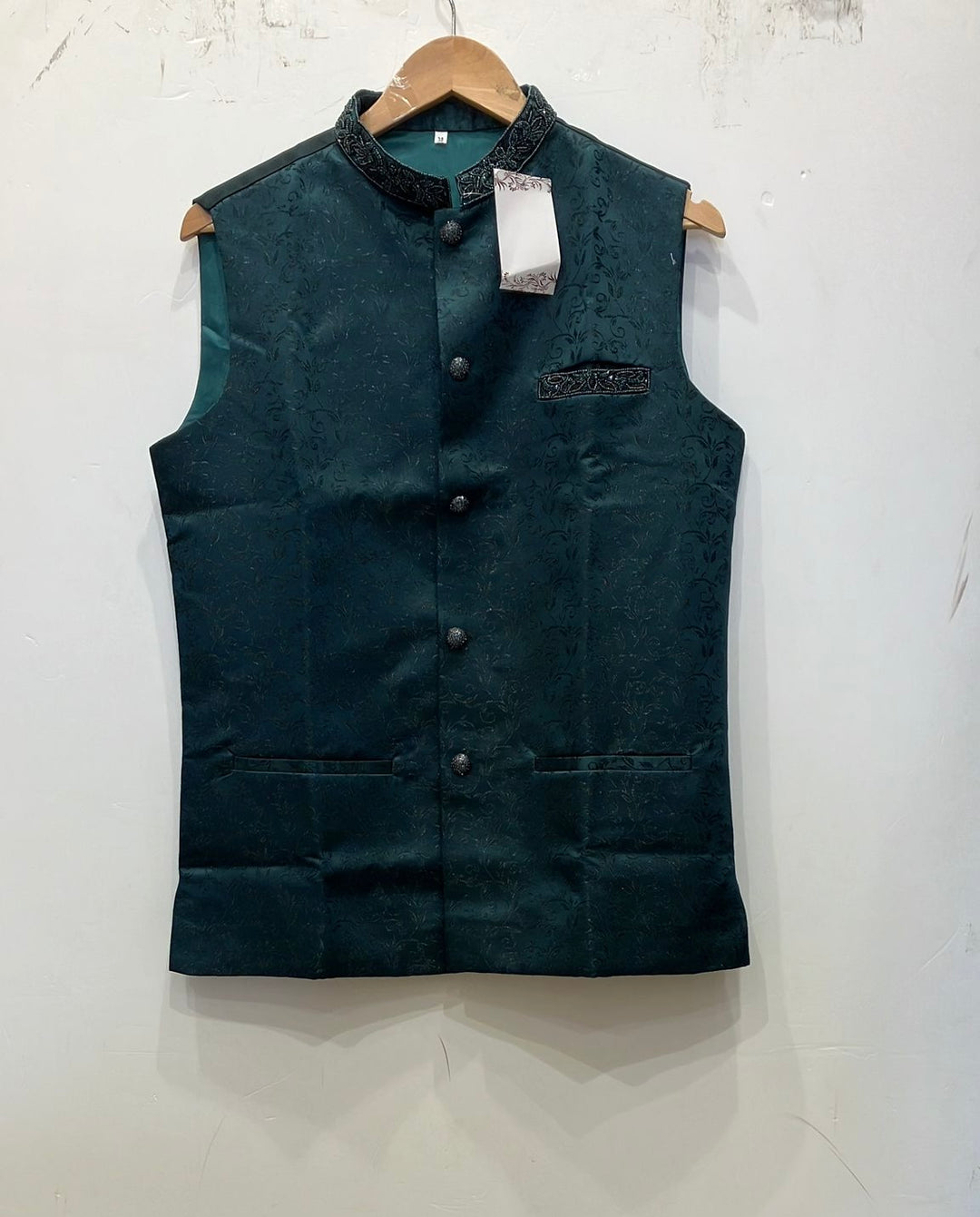 CW73B - GREEN EMBROIDERED JACQUARD SILK WAISTCOAT