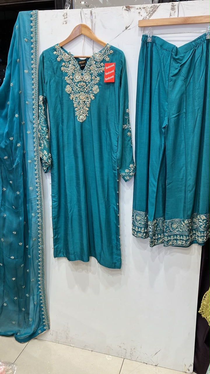 360C- Turquoise Embroidered Silk 3 Piece Suit