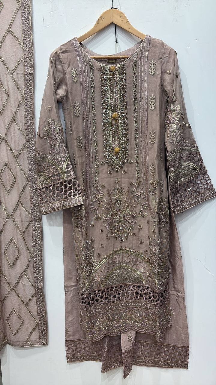 335A - Dusty Pink Embroidered Chiffon 3 Piece Suit