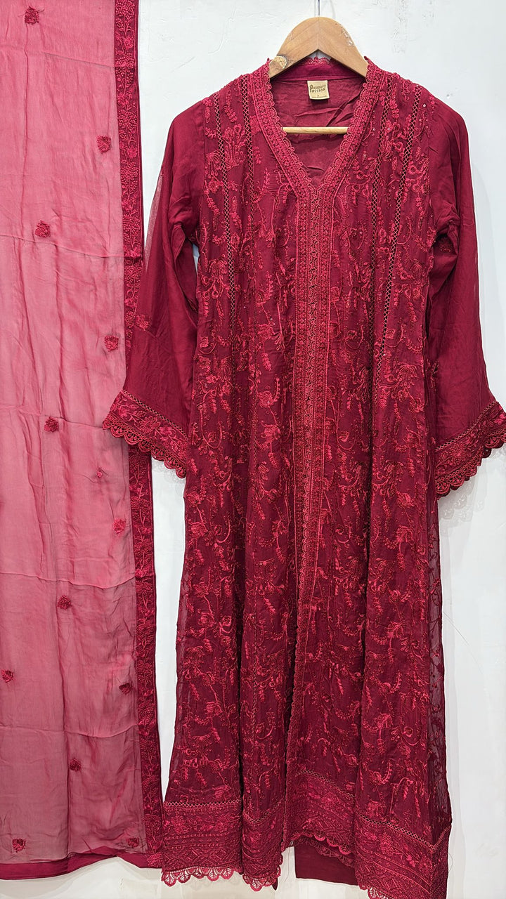 331B- RED EMBROIDERED CHIFFON 3 PIECE SUIT