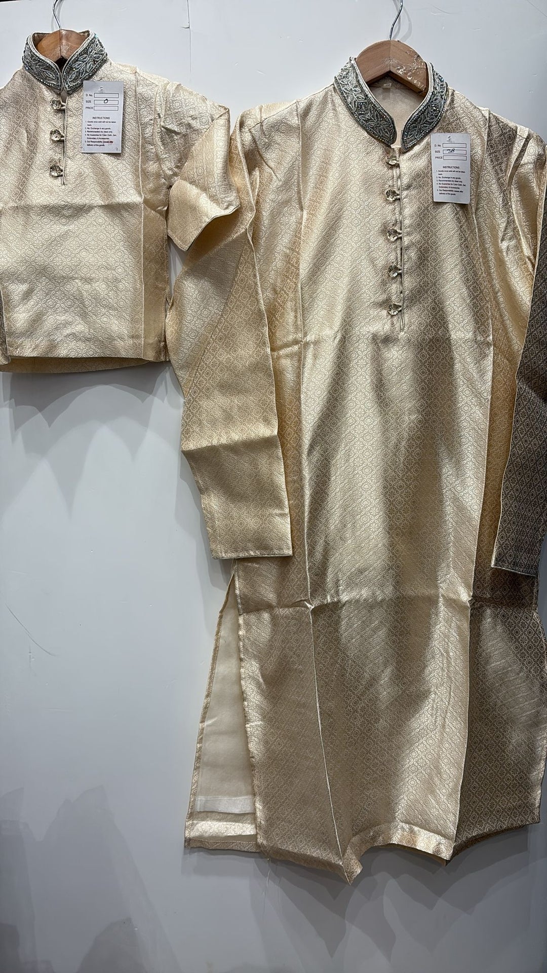 MSJ04 - Light Beige Gold Embroidered Jacquard Silk Kurta Trousers Set for Men and Boys