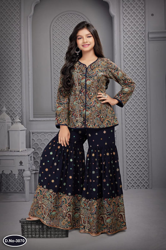 GIRLS BLUE EMBROIDERED & EMBELLISHED SHARARA OUTFIT K3070B