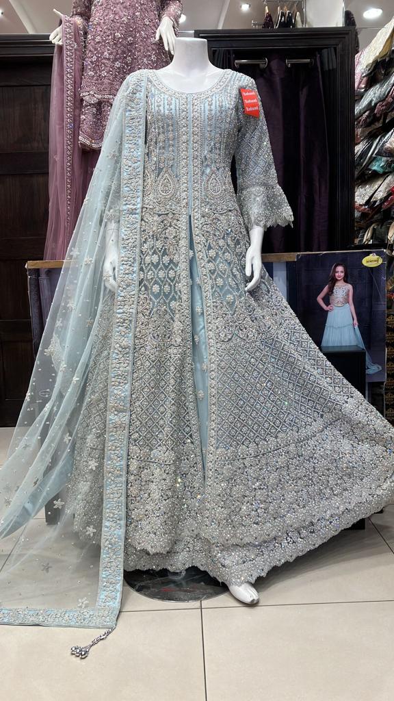Light blue Heavy Embroidered net long dress 3066A