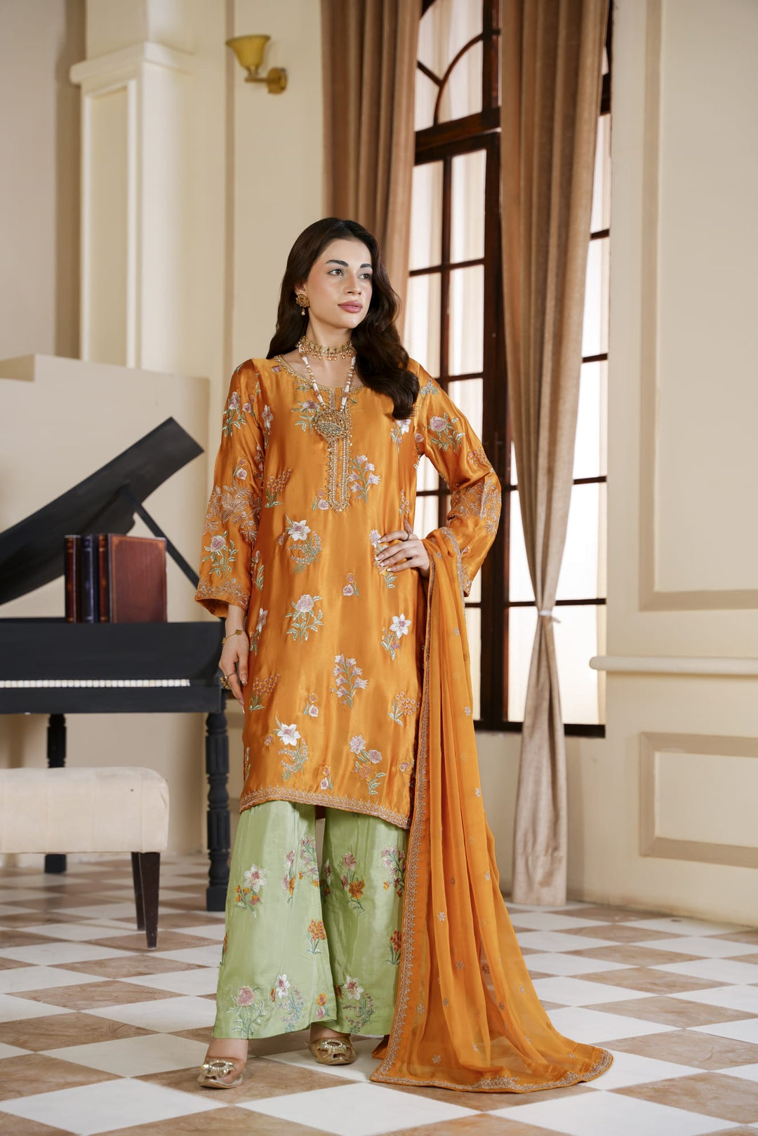333E - Embroidered Shamoz Silk 3 Piece Suit - East meets west clothing 