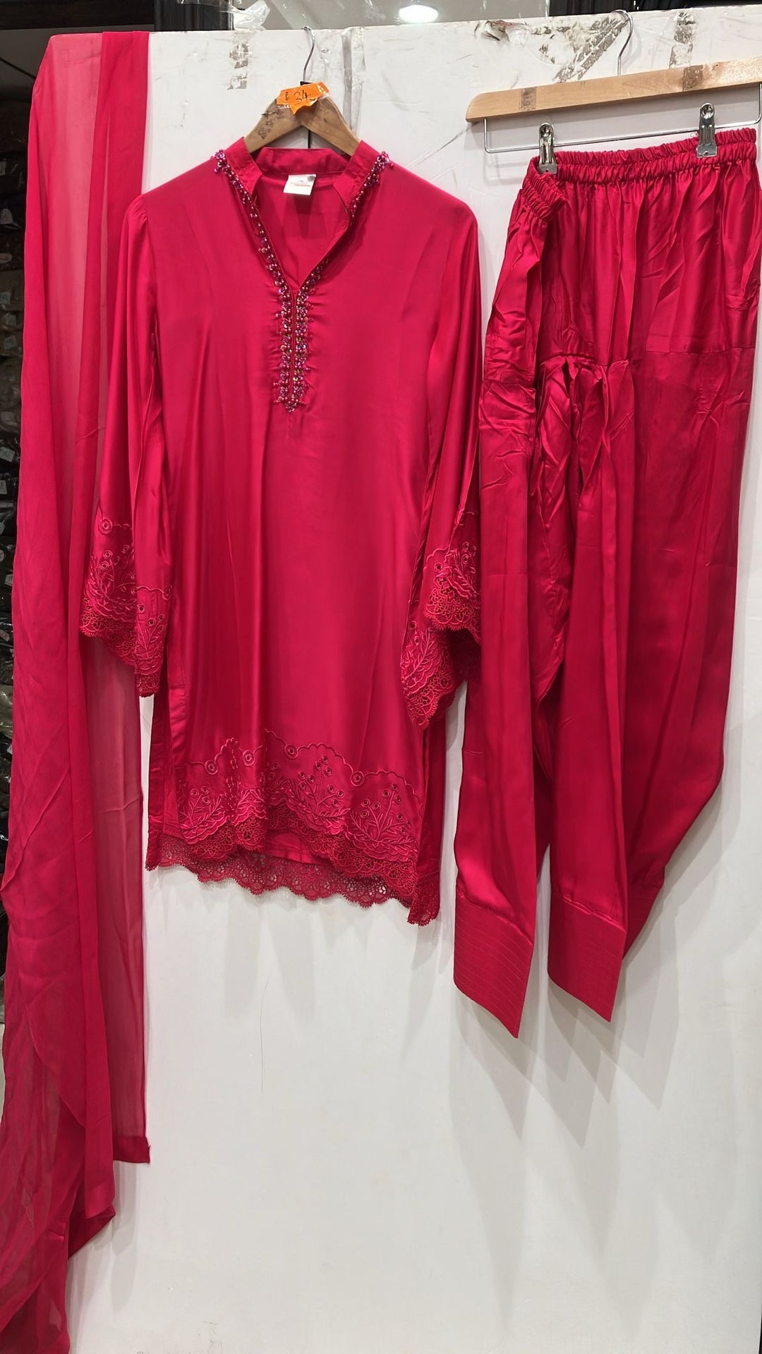 1116L - Fuchsia Pink Viscose Silk Shirt with Farshi Shalwar & Chiffon Dupatta