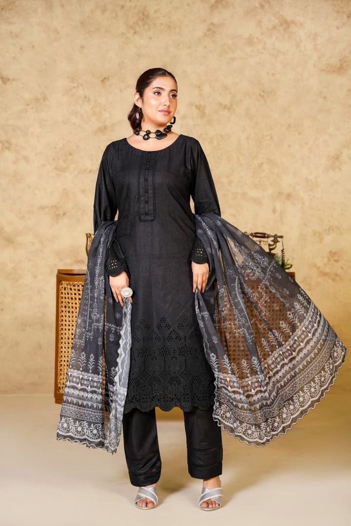 1167C - BLACK LINEN CHIKANKARI 3 PIECE SUIT