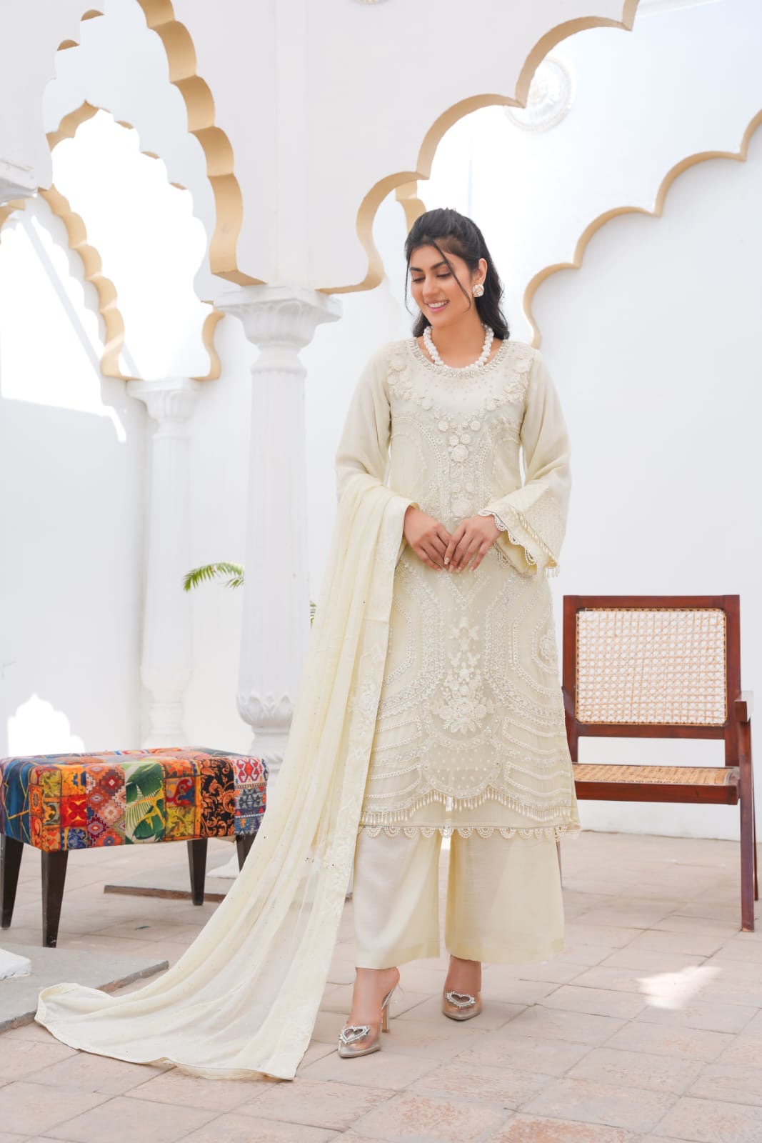 356A - Maria b inspired off-white Embroidered chiffon suit