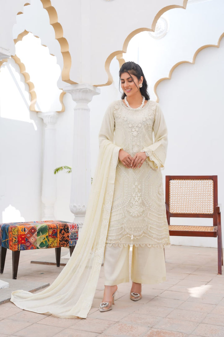 356A - Maria b inspired off-white Embroidered chiffon suit