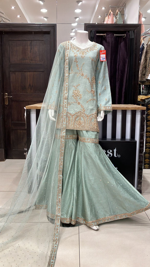HEAVY EMBROIDERED RAW SILK SHARARA SUIT 1690B