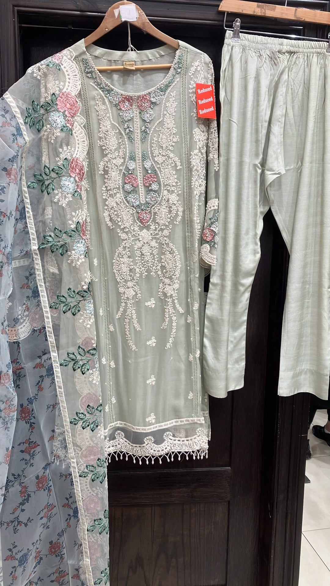 LIGHT GREEN EMBROIDERED CHIFFON 3 PIECE SUIT 228D - East meets west clothing 