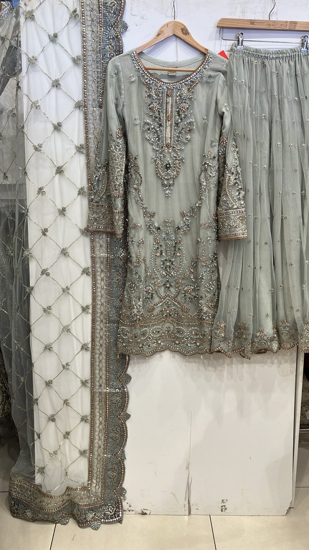 358A- Embroidered Net Sharara 3 Piece Suit