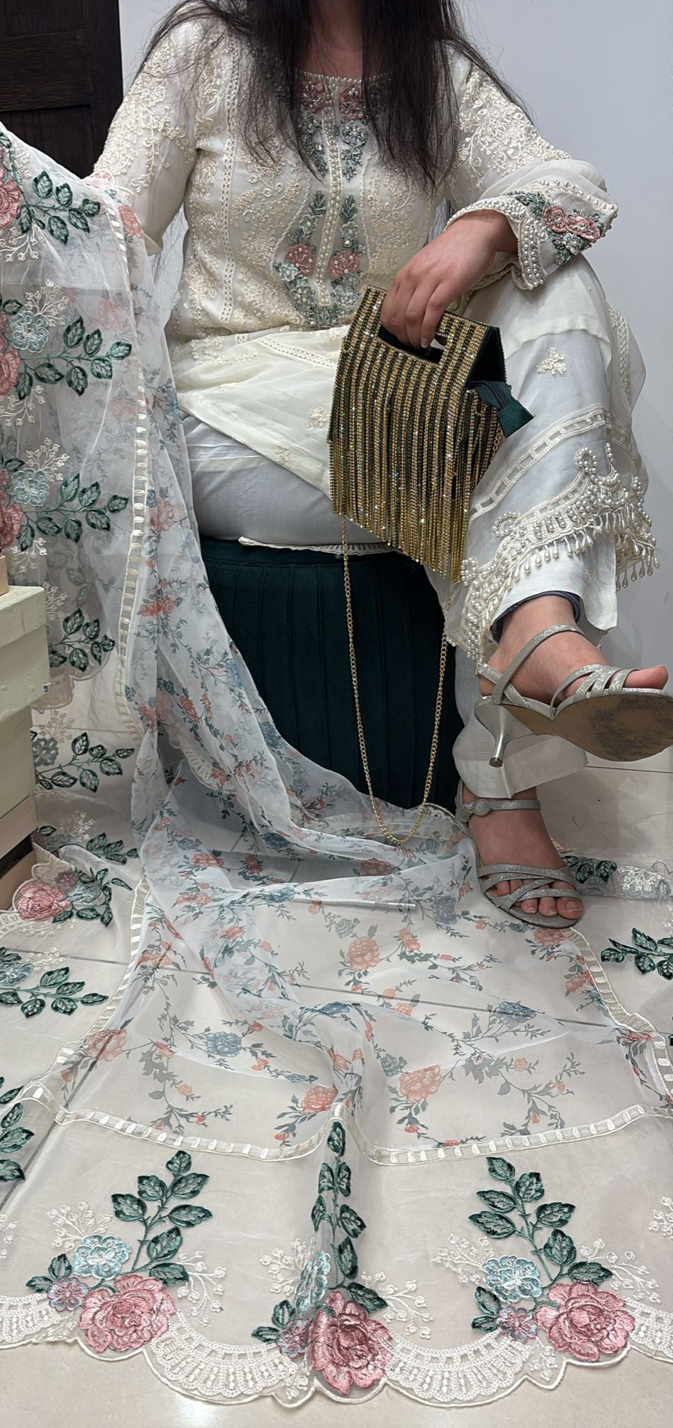 IVORY EMBROIDERED CHIFFON 3 PIECE SUIT 228B