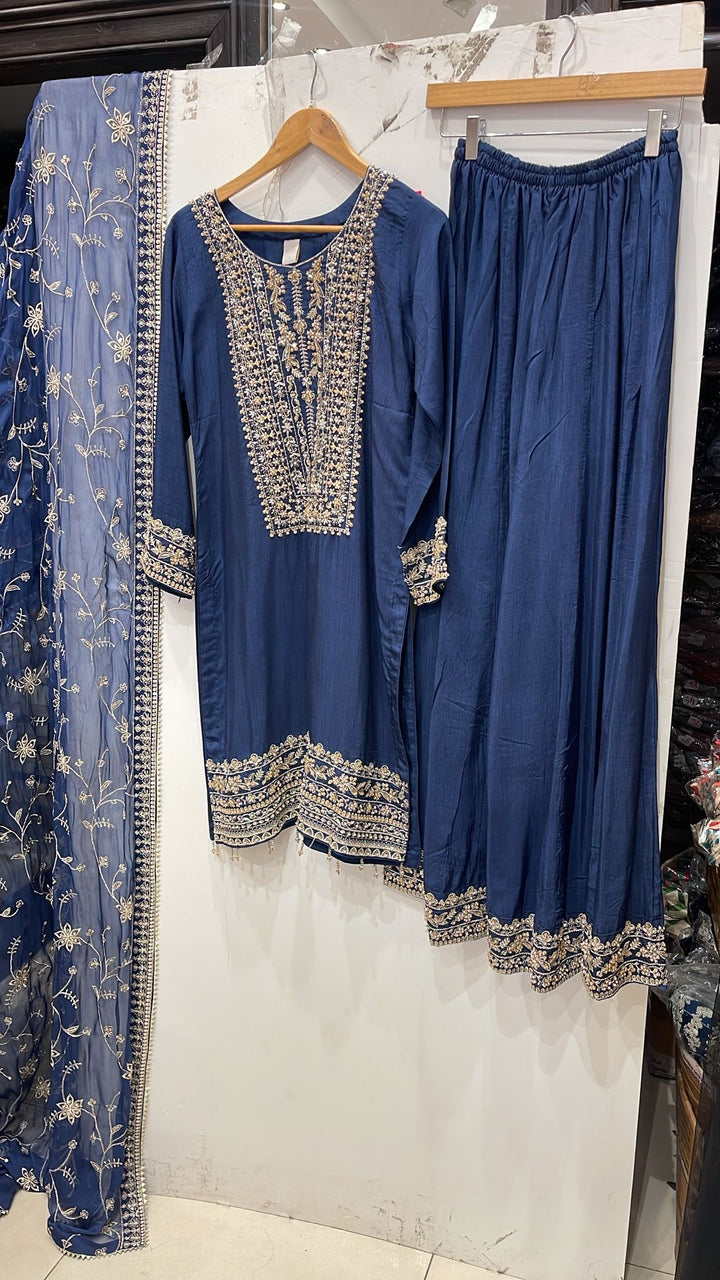 318A- Blue Silk Embroidered Pakistani Suit with Chiffon Dupatta