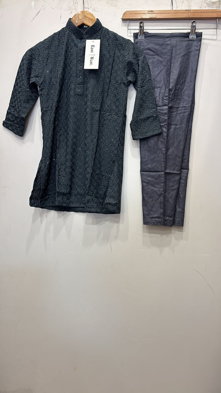 CK703 - Grey Cotton Chikankari Set for Boys and Men