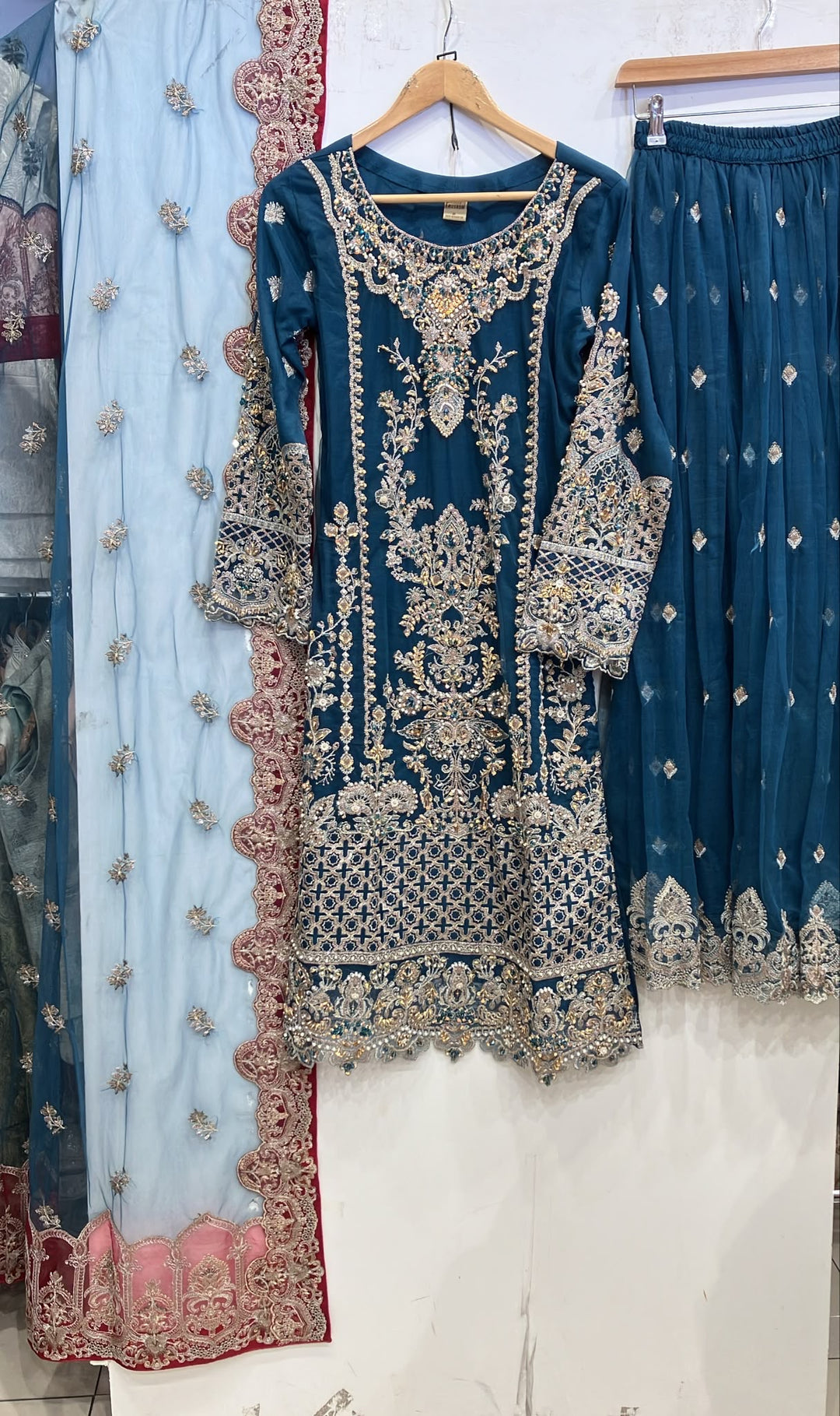357A- Teal Embroidered Net Sharara 3 Piece Suit