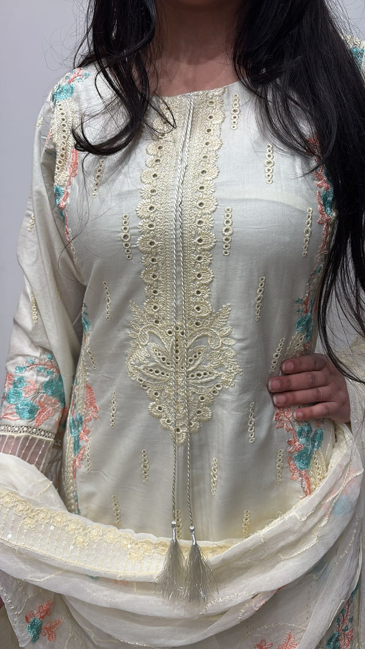 76D - Attire designer Cream Embroidered Cotton 3 piece suit